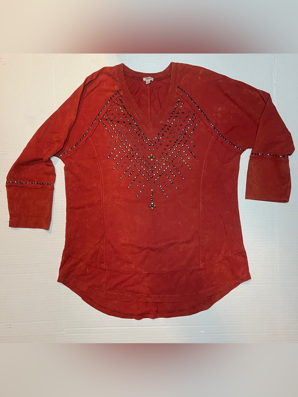 Vntg Reba Burnt Orange Bedazzled V-Neck Long Sleeve Shirt Women Large Dillards